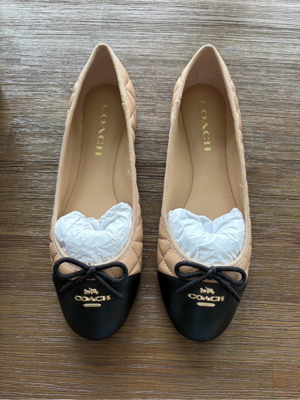 Brand New COACH Two-Tone Quilted Ballet Flats in Black and Nude